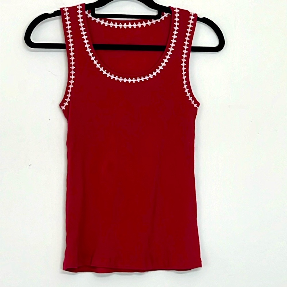 🌞 Avon vintage Y2k red ribbed tank top with white trim design women size S